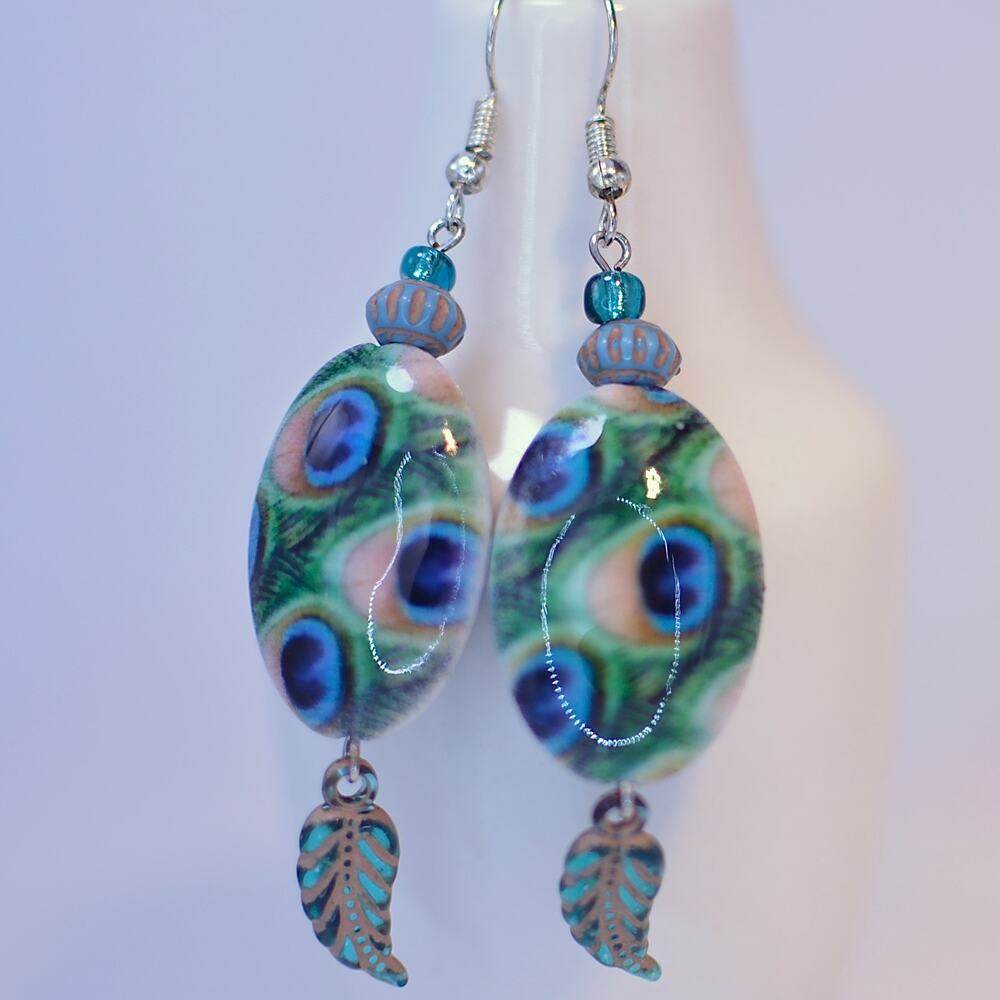 Peacock Feathers Beaded Earrings - Handmade, Sterling Silver
